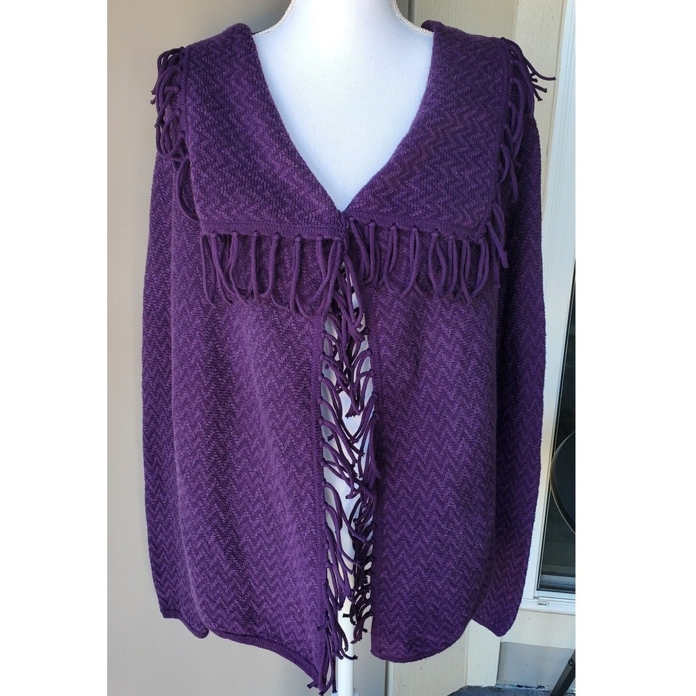 Chicos‎ Cardigan Sweater Womens 1 Purple Fringe Open Front Chevron Knit Cozy